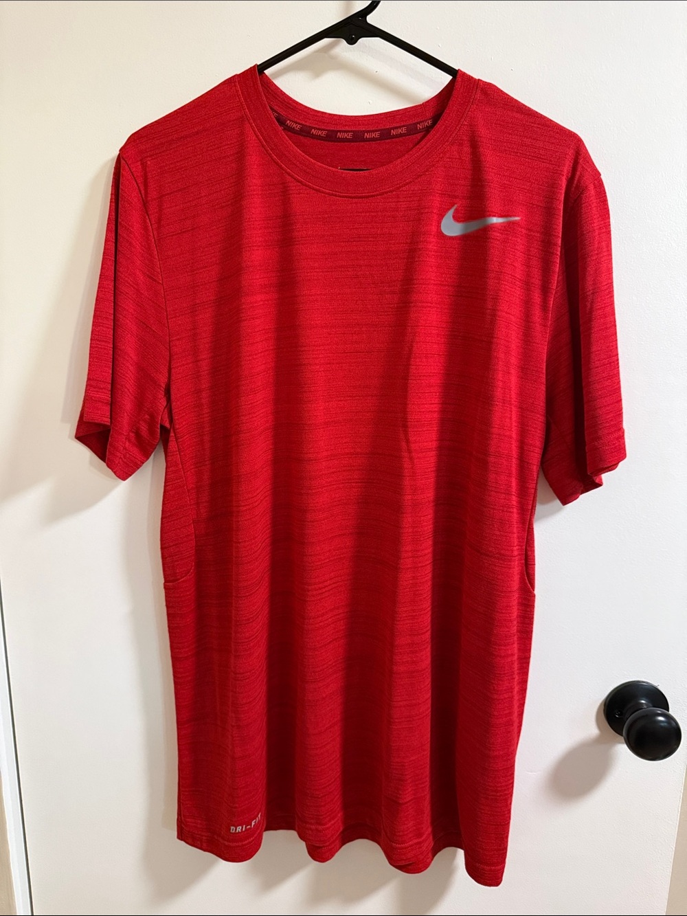Nike Red Men's Short-Sleeve Dri Fit Athletic Tee with Silver Swoosh